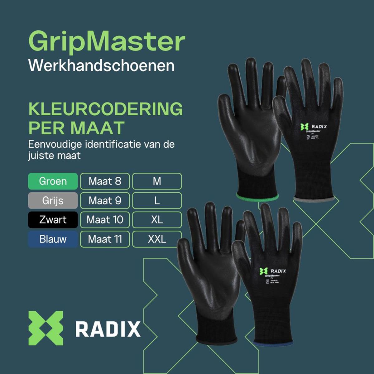 Gants de travail - Radix - GripMaster - PU noir - Taille M8 / S - 5