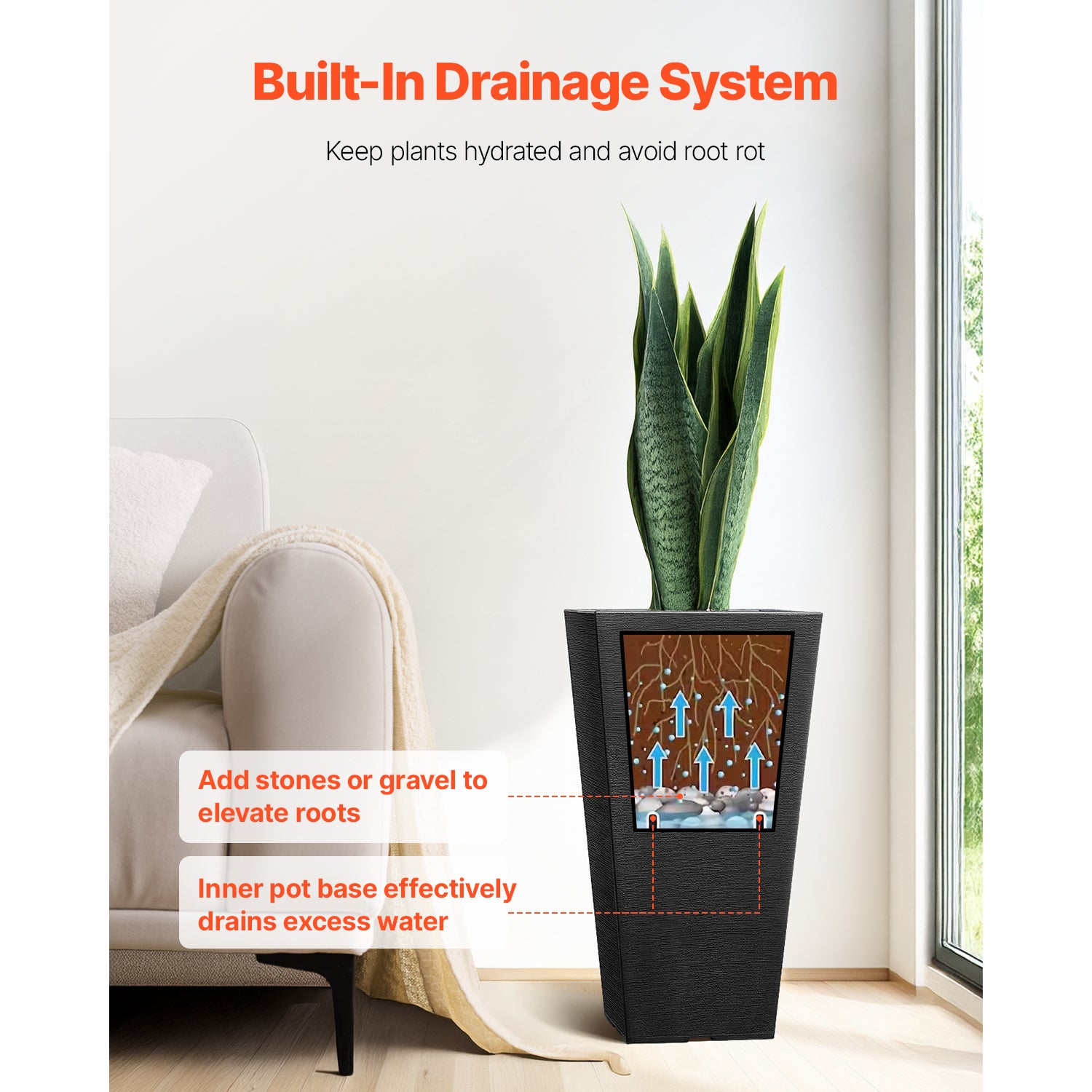 Ensemble de 2 jardinières SucceBuy d’extérieur 55 cm, carrées coniques noires avec drainage intégré, design moderne - 6