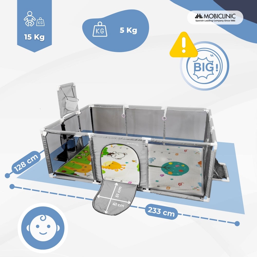 Parque infantil com tapete Mobiclinic Cercadinho bebé Tapete 128 x 233 cm Aros Cesto e rede de futebol Saco de transporte Kidland - 2