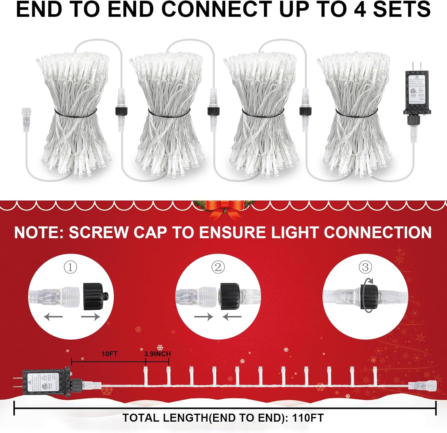 Guirlande Lumineuse Noël Étanche - Extension 10m, 80 Lumières Blanc Chaud - Alimentation Piles et USB - Pour Décoration Jardin Extérieur - 4