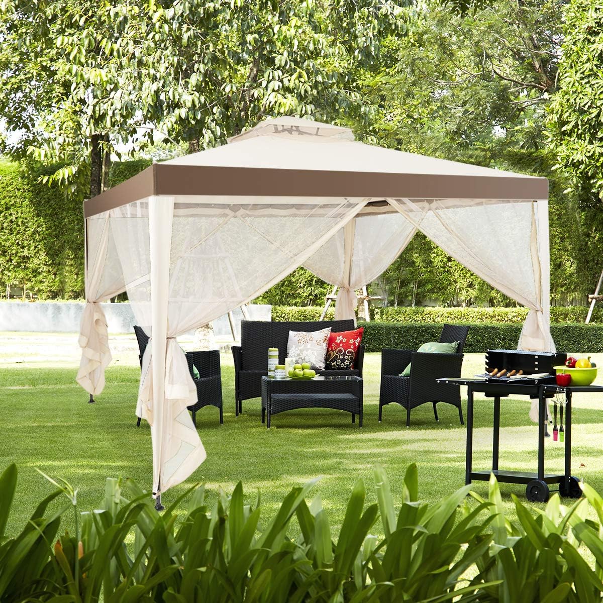 Pavillon de Jardin 3x3m UV50+, Tonnelle Autoportant Imperméable avec 4 Moustiquaires Amovibles pour Jardin/Terrasse/Réception, Beige - 2