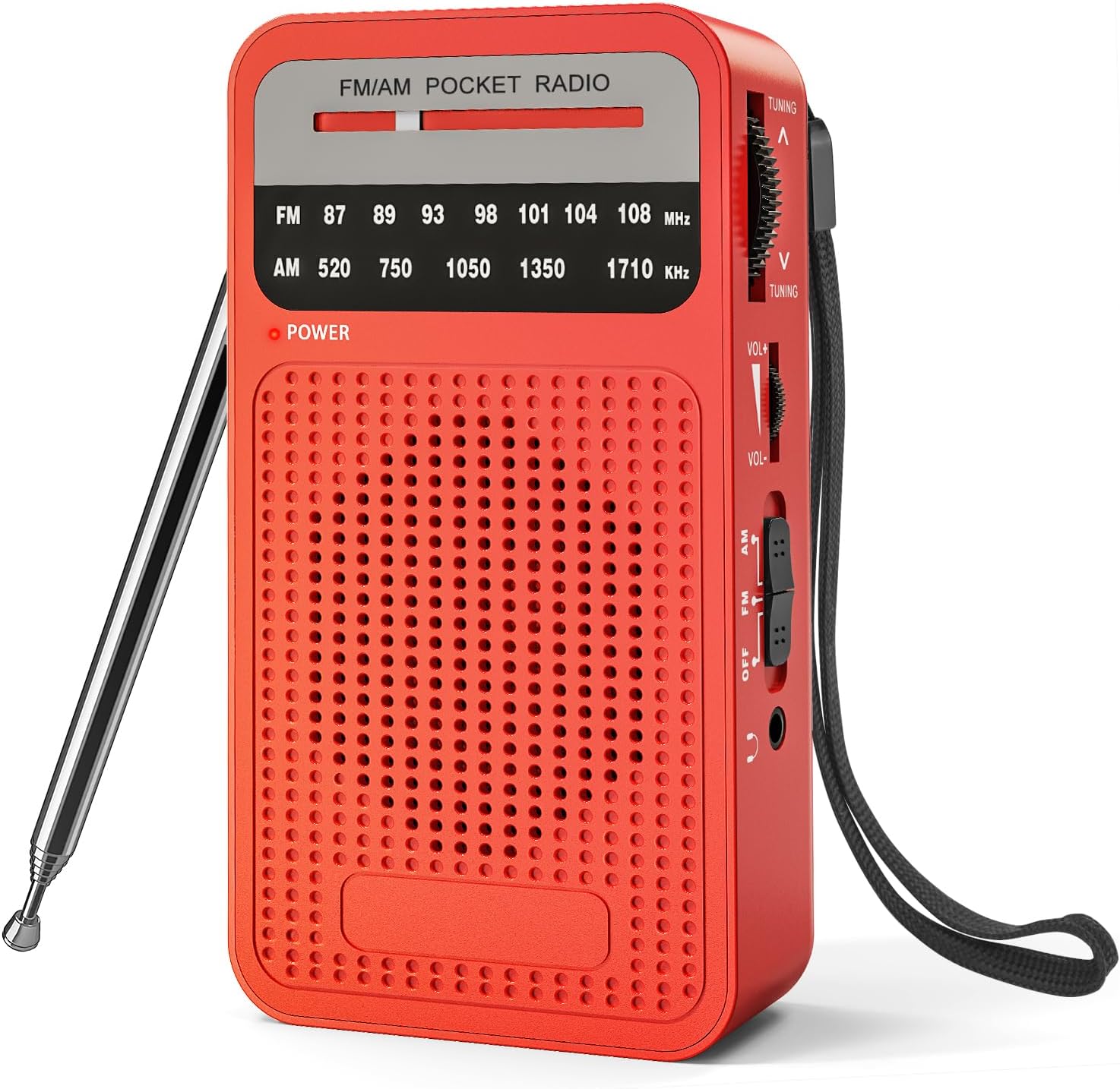 Przenośne radio AM/FM z odbiorem dalekosiężnym, radio tranzystorowe z głośnikiem, wyjście słuchawkowe, kolor czerwony