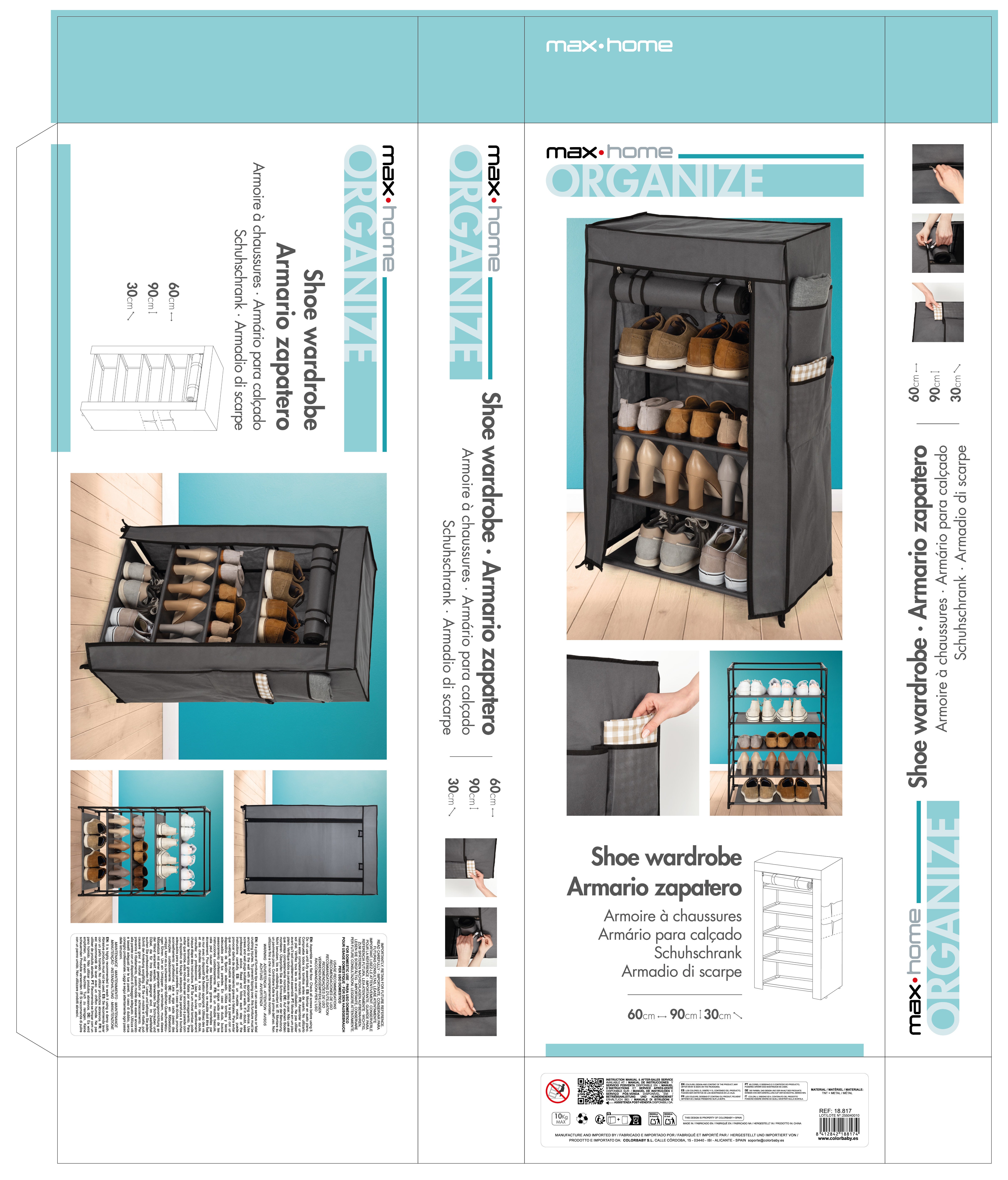 Sapateira de tecido Max Home com 5 prateleiras, 60x30x90 cm, com bolsos laterais - 8