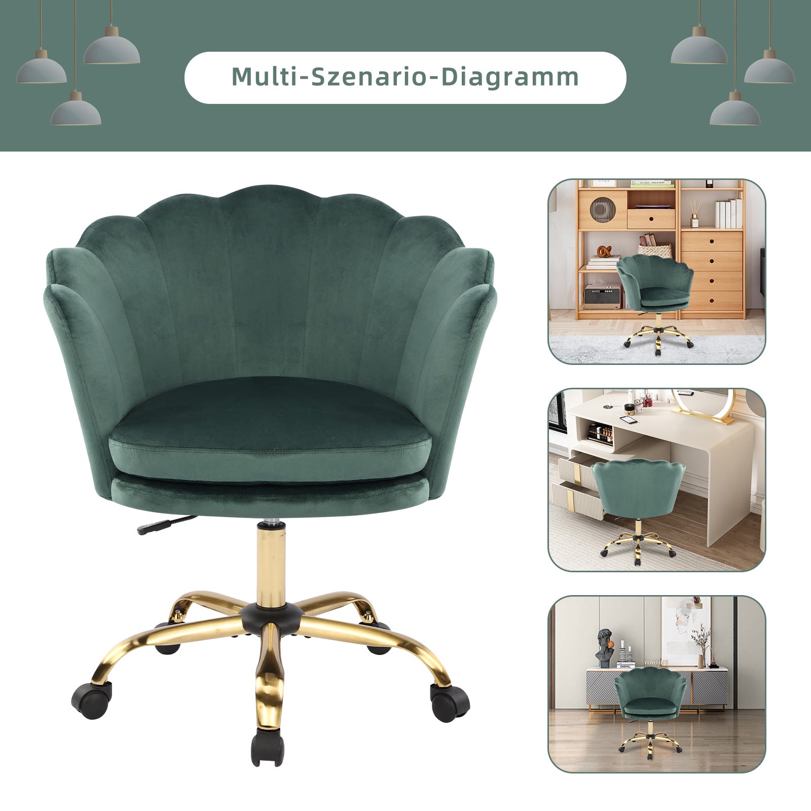COSTWAY Chaise Pivotante En Velours, Fauteuil De Bureau Reglable En Hauteur De 72 86 Cm Base Galvanisee Charge 125kg Moderne Vert