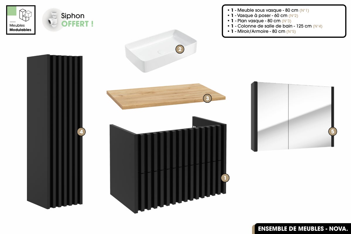 Conjunto de baño completo - mueble - columna - espejo - lavabo sobre encimera con sifón gratis | nova | roble | 80 x 56 x 45 cm