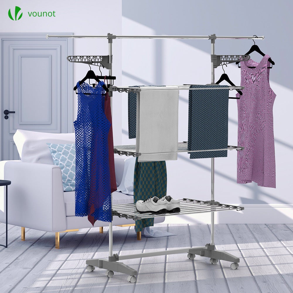 Étendoir à Linge Mural Pliable 3 Parties - Longueur 125 Cm, Aluminium, Fixation Colle Ou Vis - Pour Salle De Bain, Balcon - 3