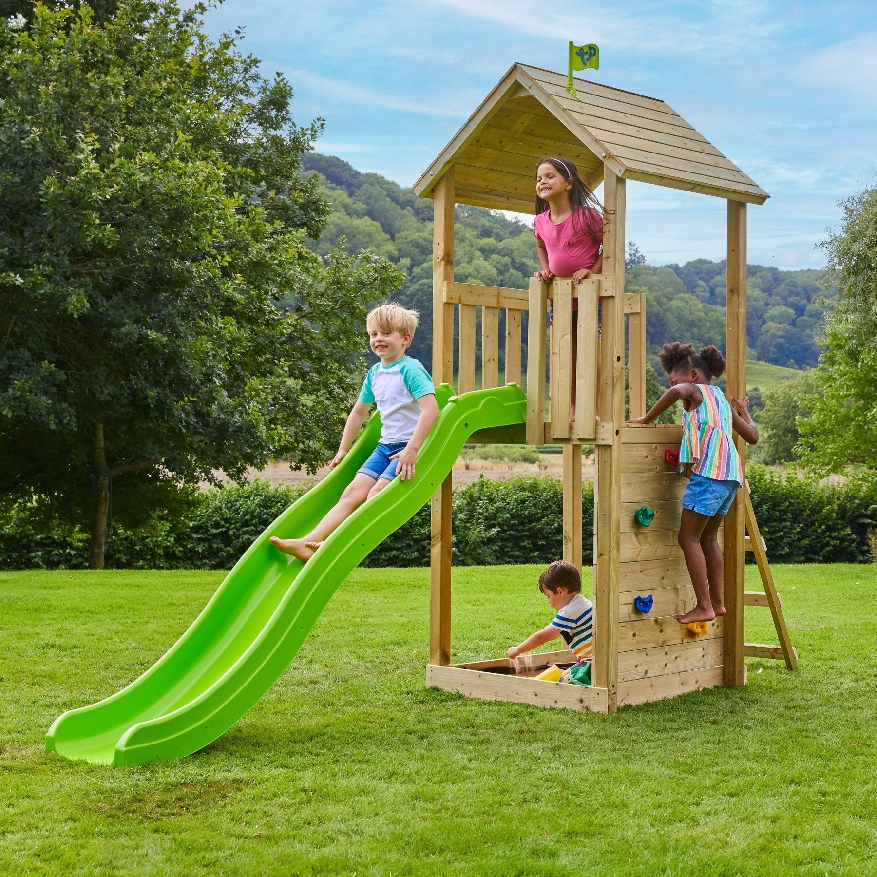 Tour de jeux SKYWOOD plateforme - toboggan - bac à sable - mur d'escalade - bois FSC® h270 cm - 2