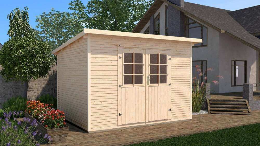 Abri de jardin en bois 11,1m² avec double porte vitrée et toit plat