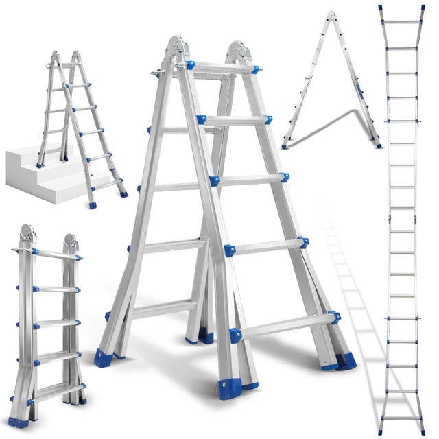 Escada multifuncional de alumínio 4x5 513cm, prateada, suporta até 150kg