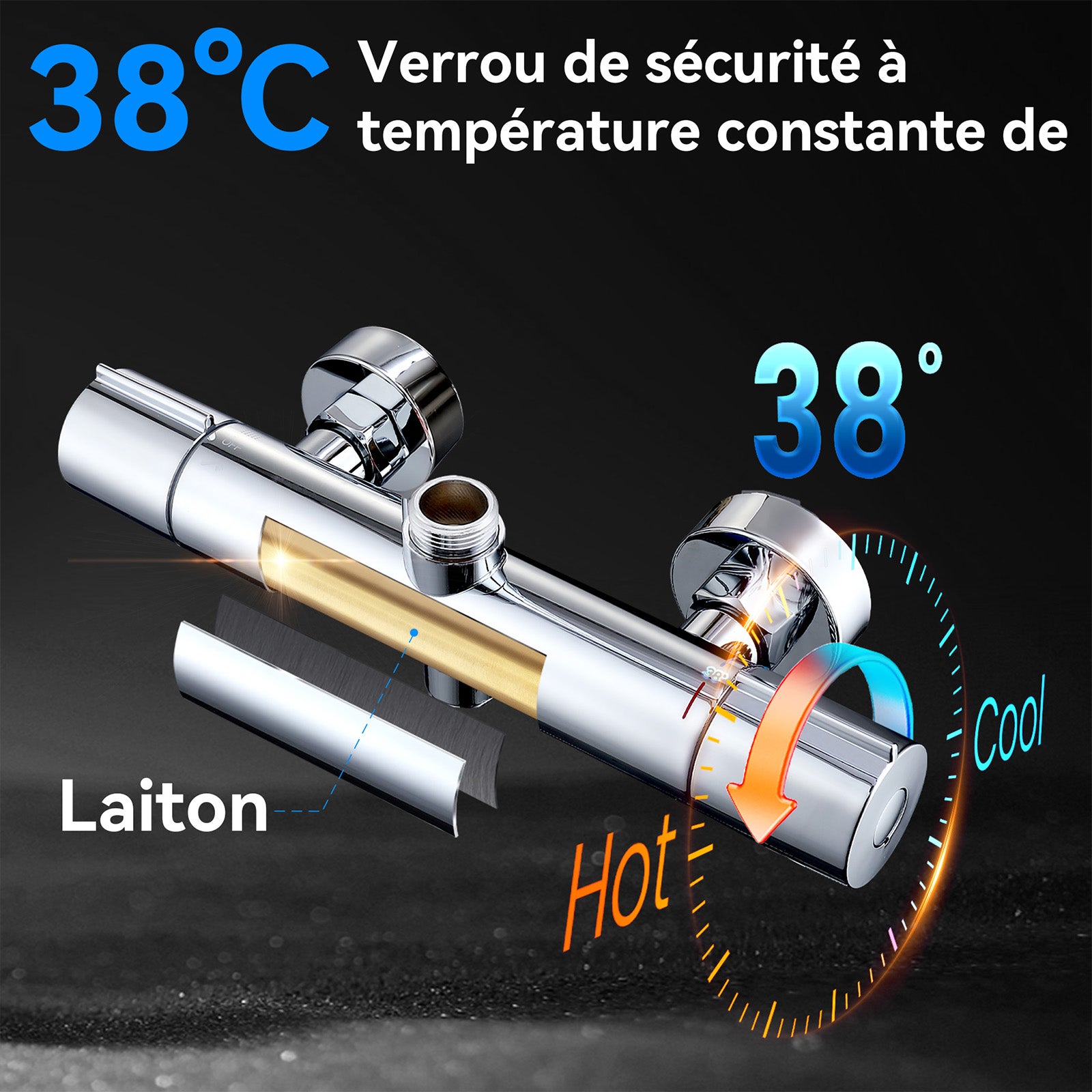 Colonne de Douche Thermostatique, Ensemble de Douche Hauteur Réglable sans Percement Supplémentaire Chromé avec Douchette 3 Jets, Mitigeur en Laiton - 5