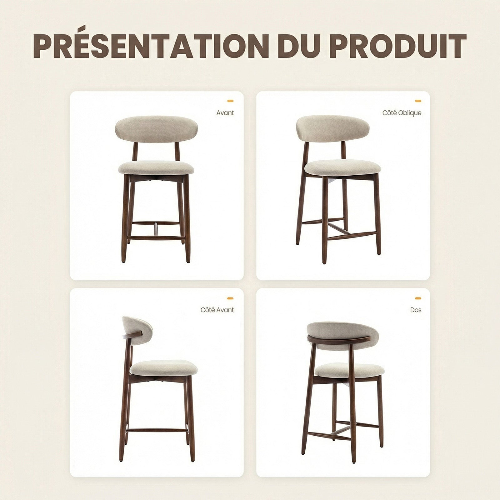 Lot de 2 Chaises de Bar Modernes, Assise Confortable en Tissu, Structure en Bois, Beige - 9