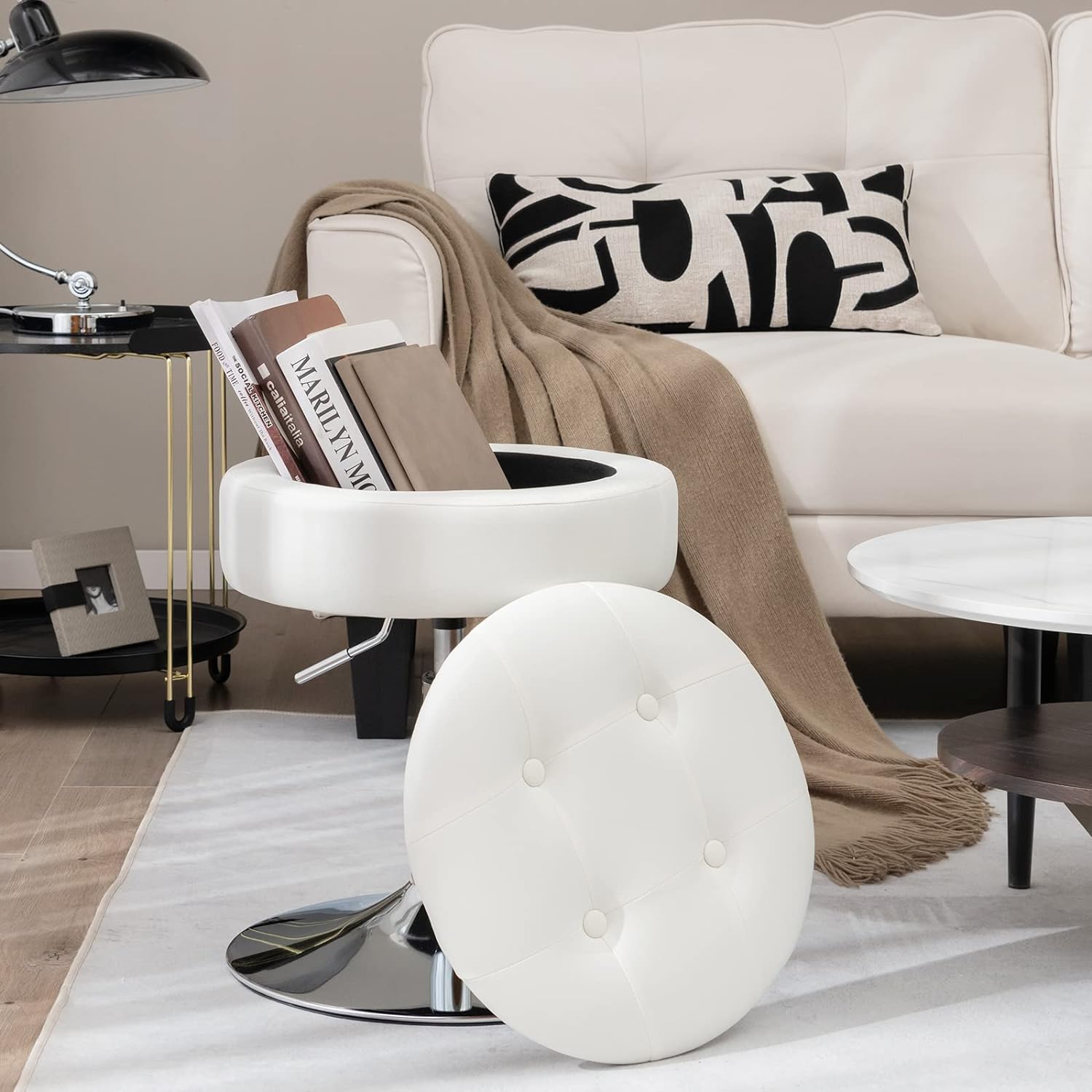 Tabouret de Coiffeuse Capitonné, Pouf de Rangement d'appoint avec Couvercle Réversible, Chaise de Maquillage Pivotante à 360° (Blanc) - 2