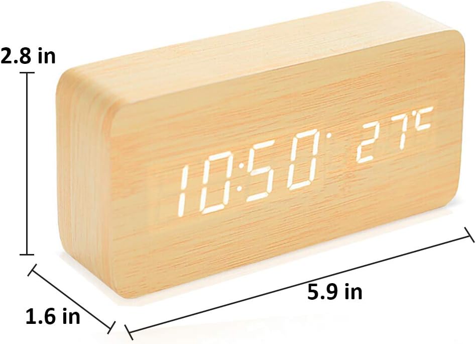 Réveil numérique en bois - Réveil LED multifonction avec affichage de l'heure, de la date et de la température, et commande vocale pour la maison et - 3