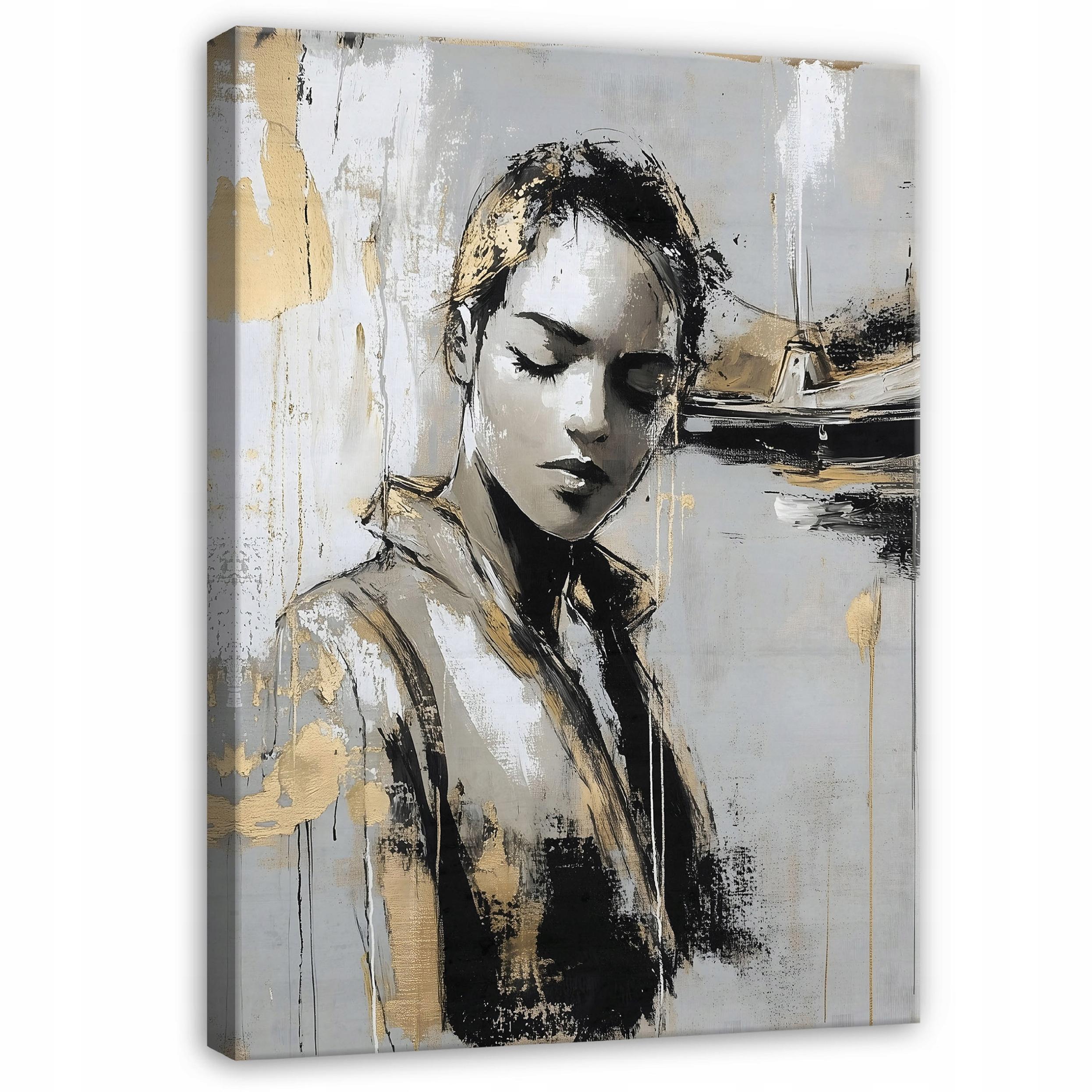 Quadro Su Tela Volto Donna - Nero E Oro, 80x120cm, Senza Cornice - Foto 8