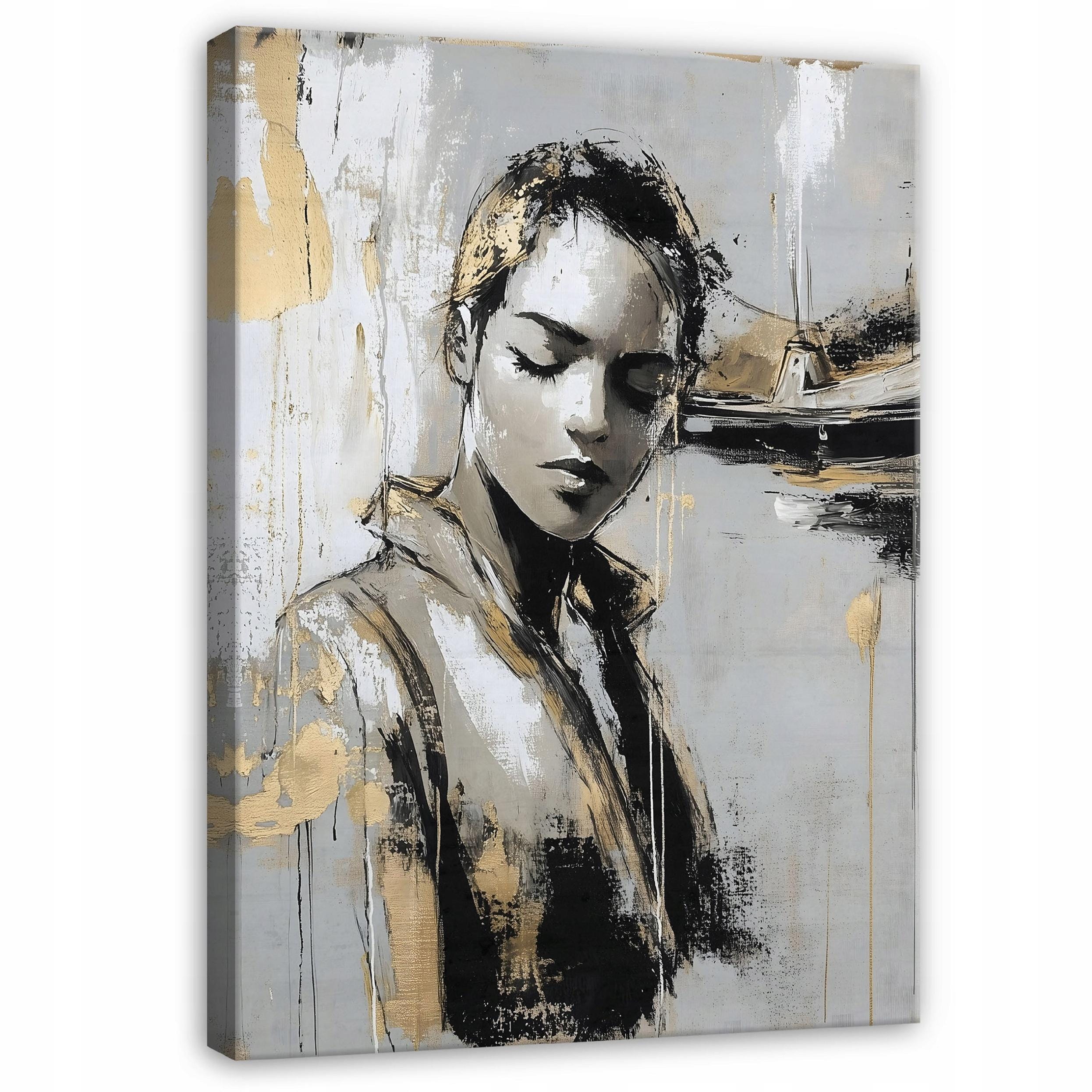 Quadro Su Tela Volto Donna - Nero E Oro, 80x120cm, Senza Cornice - Foto 8