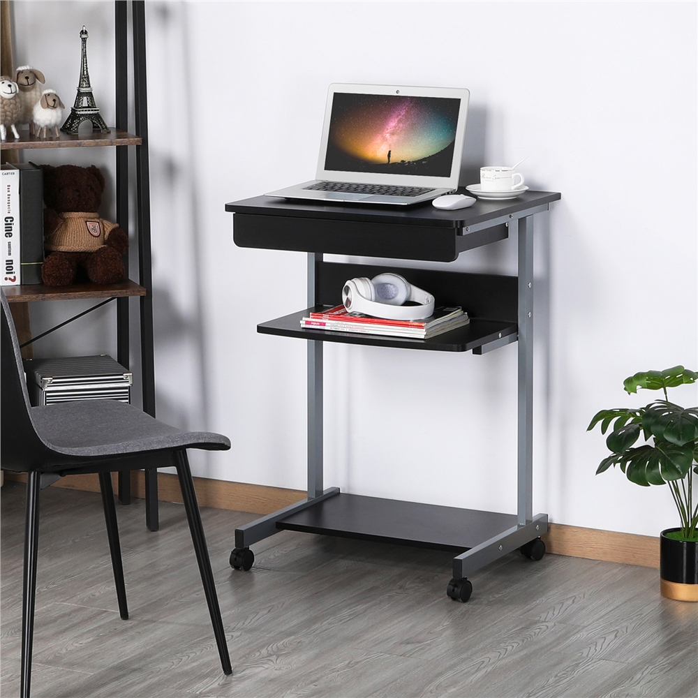 Bureau d'ordinateur Portable en Métal avec Roulettes et Tiroir Étagères de Rangement, Noir Yaheetech - 2