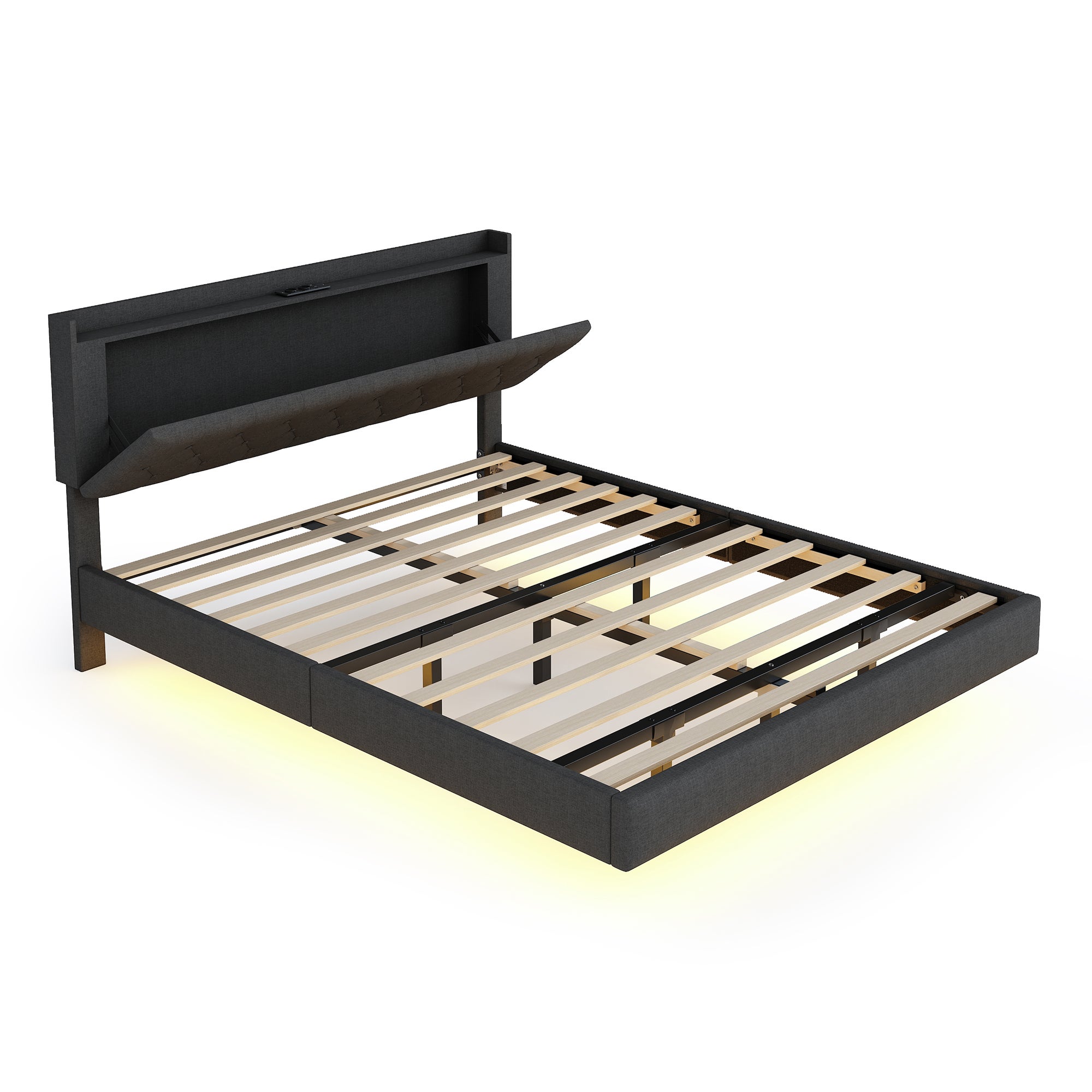 Cama acolchada de lino 160x200 cm - con puerto de carga USB y LED - con somier - Gris - 7