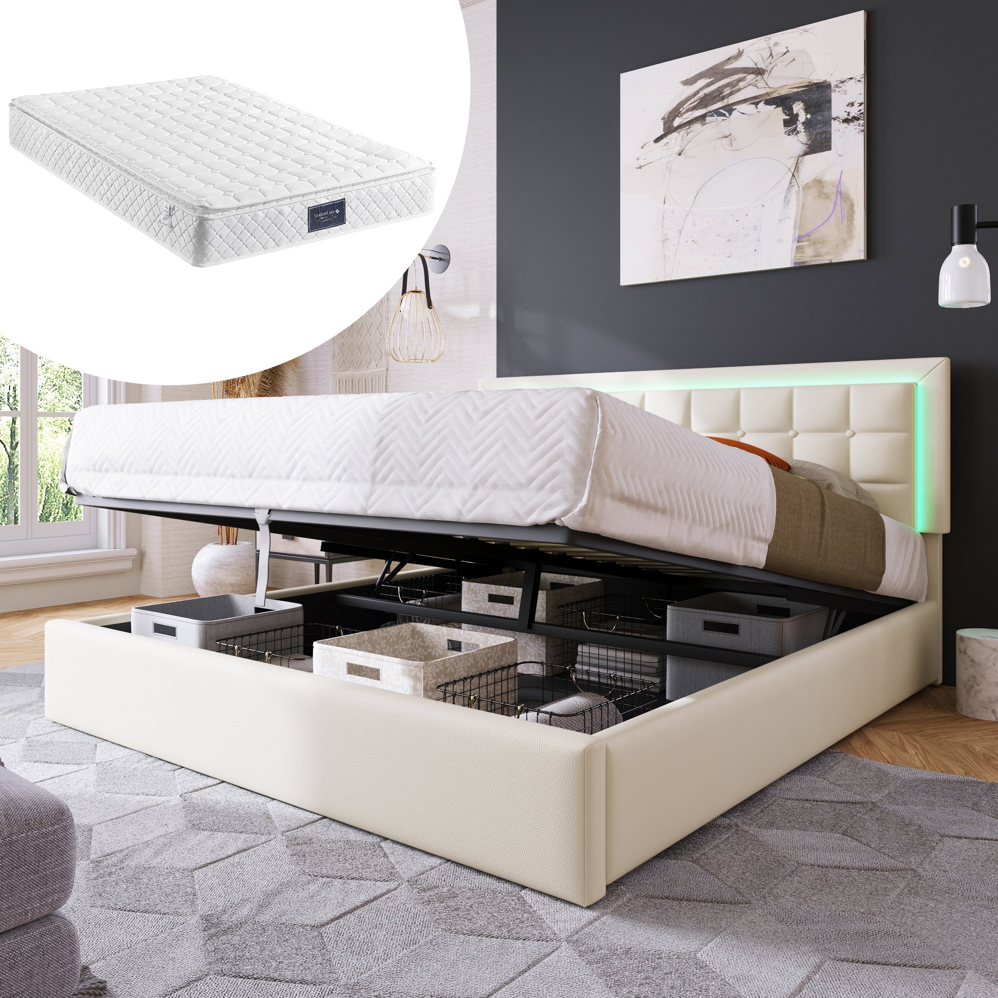 Lit Coffre 160x200 Cm LED Blanc - Lit Double Avec Rangement Hydraulique + Tête De Lit USB - Tissu PU (sans Matelas)