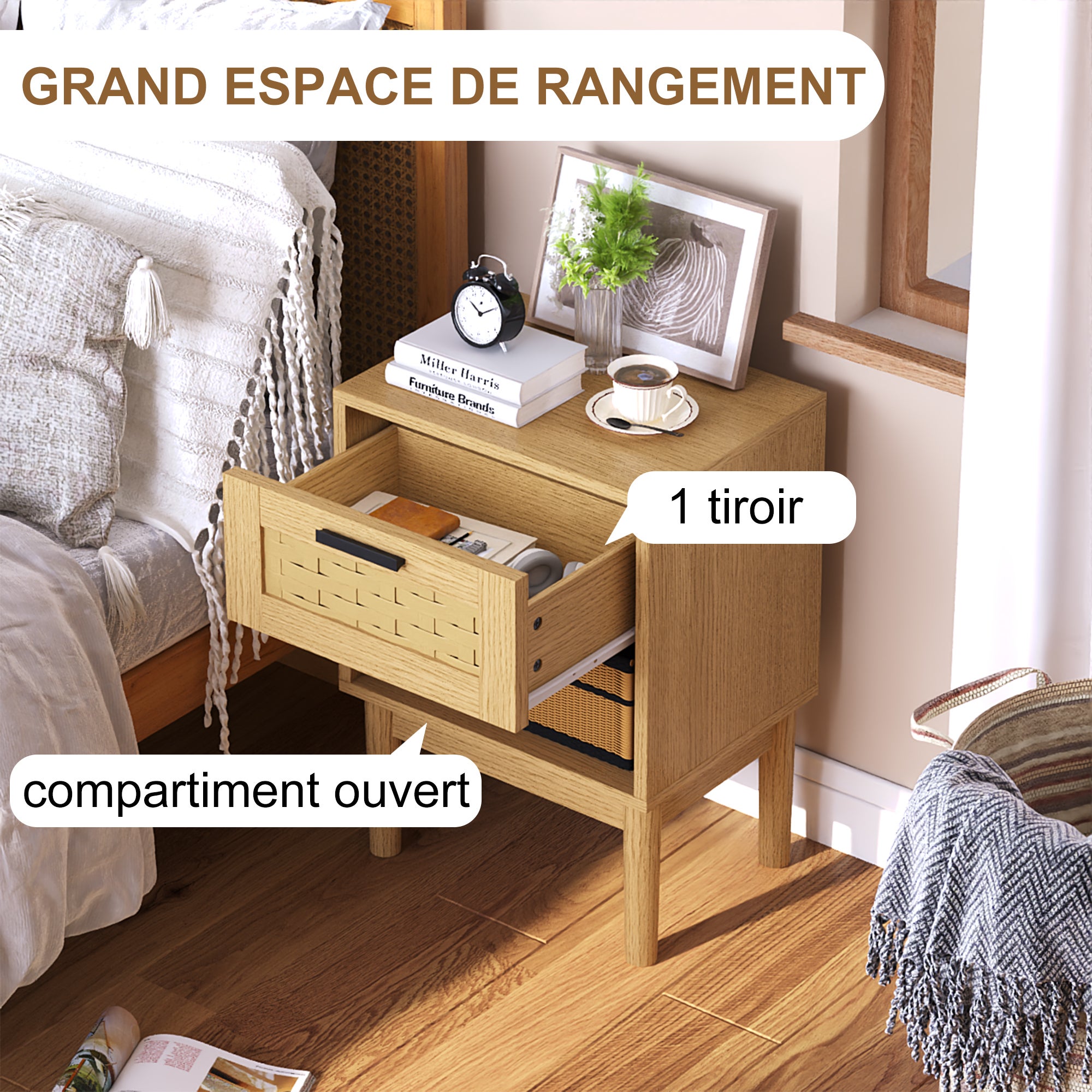 Lot de 2 tables de chevet, avec tiroir et étagère ouverte, meubles en bois massif dotés de pieds robustes, style bohème, couleur chêne - 8