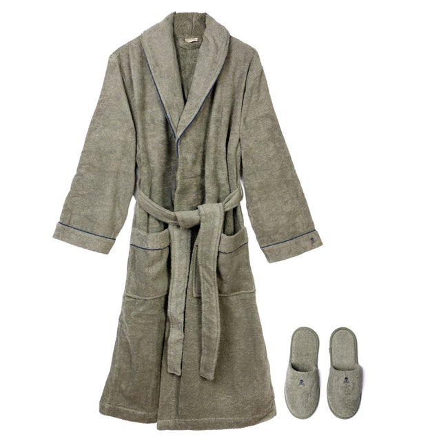 Ensemble Scalpers Peignoir (L-XL) et Chaussons (43-46) en 100% coton doux et absorbant avec broderie Kaki