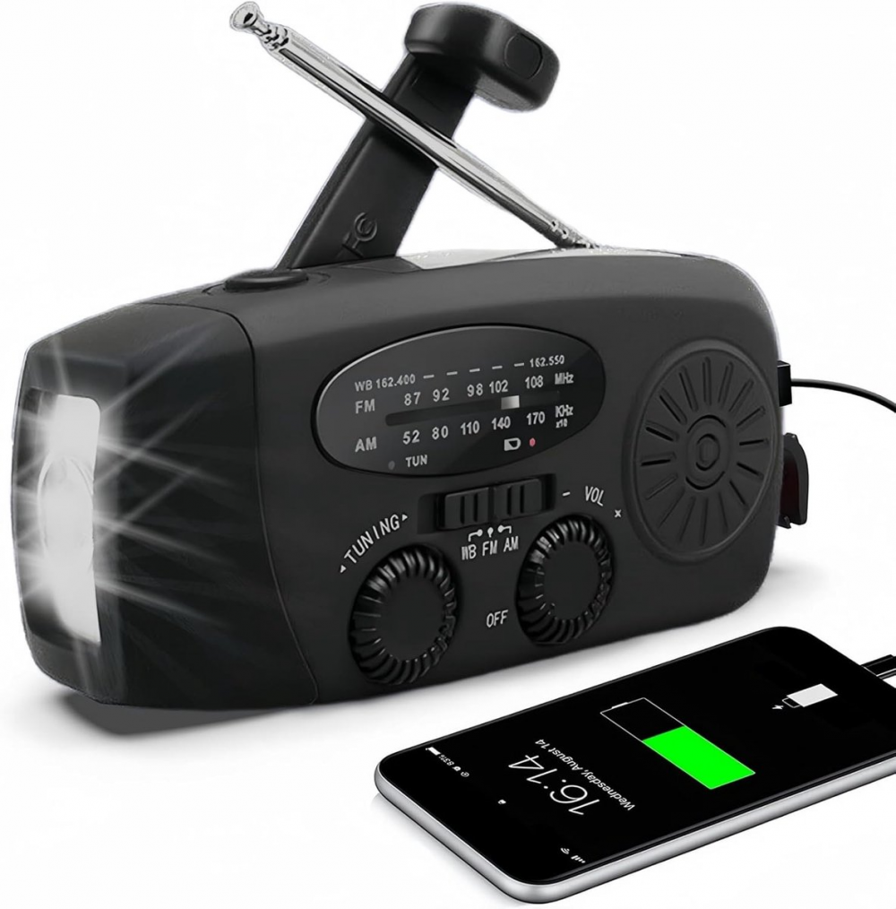 Przenośne radio awaryjne – Power Bank 2000 mAh – Radio awaryjne zasilane bateryjnie (ładowalne) – Na kemping i na wypadek klęsk żywiołowych – Czarne
