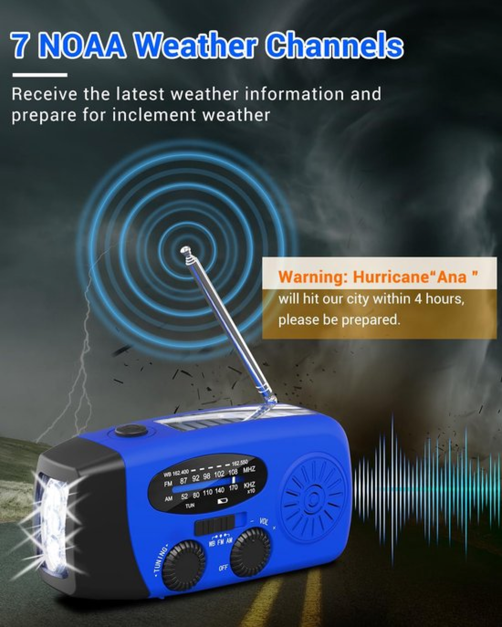Rádio de emergência com manivela e lanterna LED, rádio portátil AM/FM NOAA com banco de energia de 2000 mAh, azul - 4