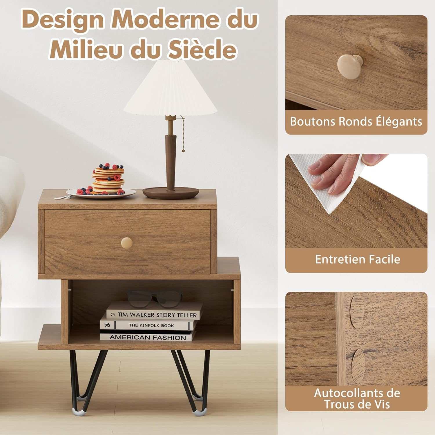 Table de Chevet Lot de 2 avec Tiroir, 4 Pieds en Métal Surélevés, Chevet de Lit Bois avec Compartiment, Design Irrégulier, Table de Nuit, Naturel - 8