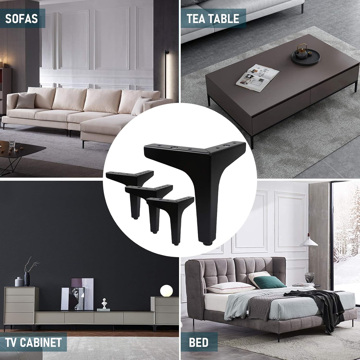 Lot de 4 Pieds de Meubles Charge Jusqu'à 600 KG, Pied de Table Modernes en Métal en Forme de Triangle,avec 4 Protège Pieds, Noir（10cm） - 5