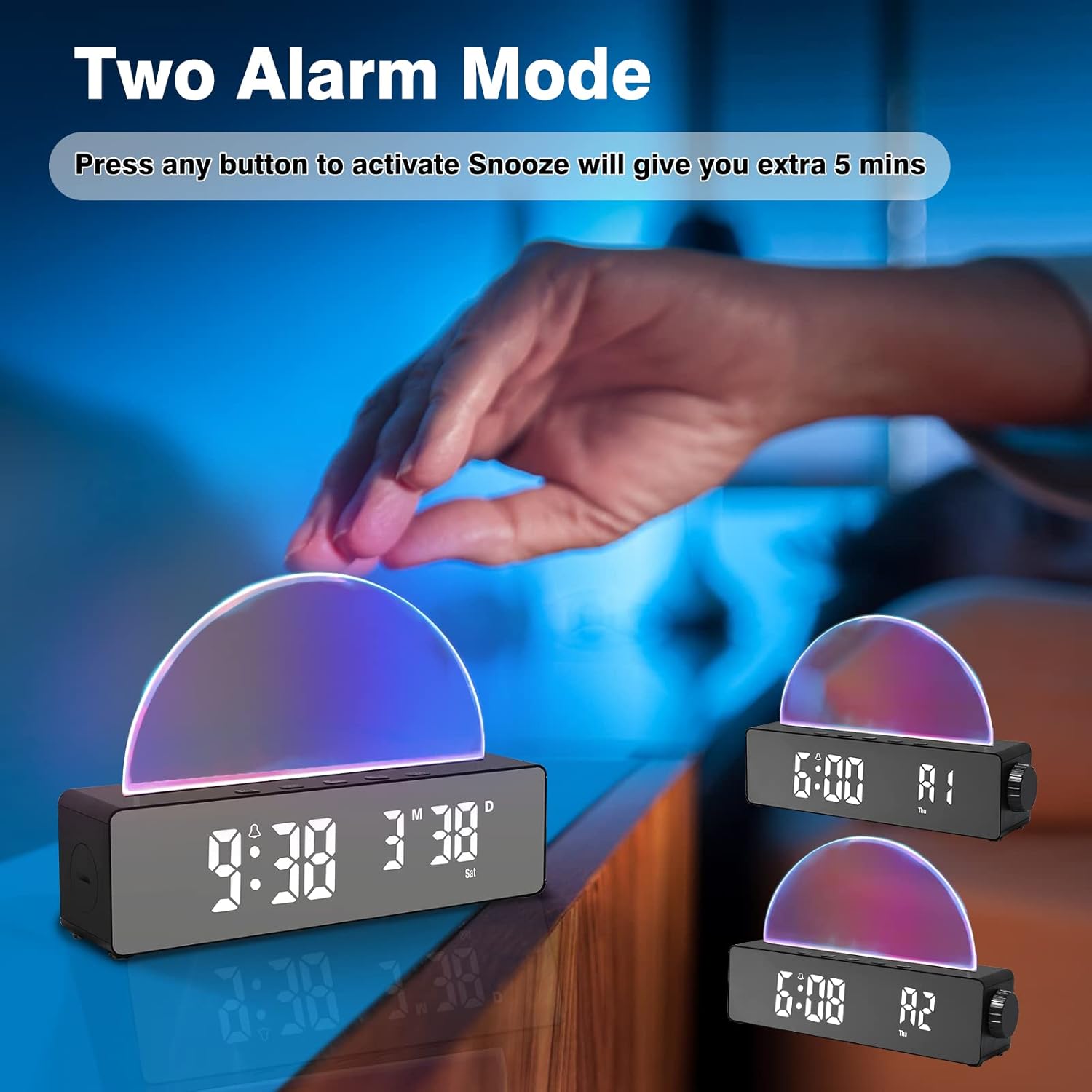 Réveil lumineux avec 10 modes de couleur, horloge numérique LED avec date/température, port de chargement USB, fonctions snooze et mode nuit (noir) - 3
