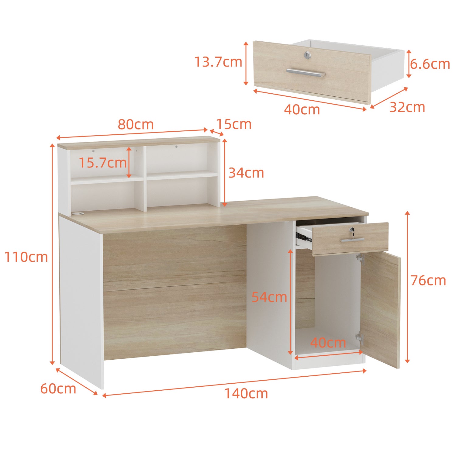 Comptoir de réception avec compartiments ouverts Tiroir verrouillable étagères Salon Bureau Bois&Blanc 140x60x110cm - 2