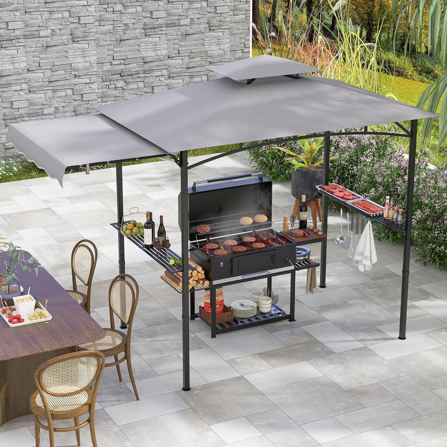 Tonnelle de Barbecue 318 x 153 cm avec Auvent Latéral, Abri Barbecue Cadre en Métal avec Dessus à 2 Niveaux 2 Etagères Latérales pour Jardin - 9