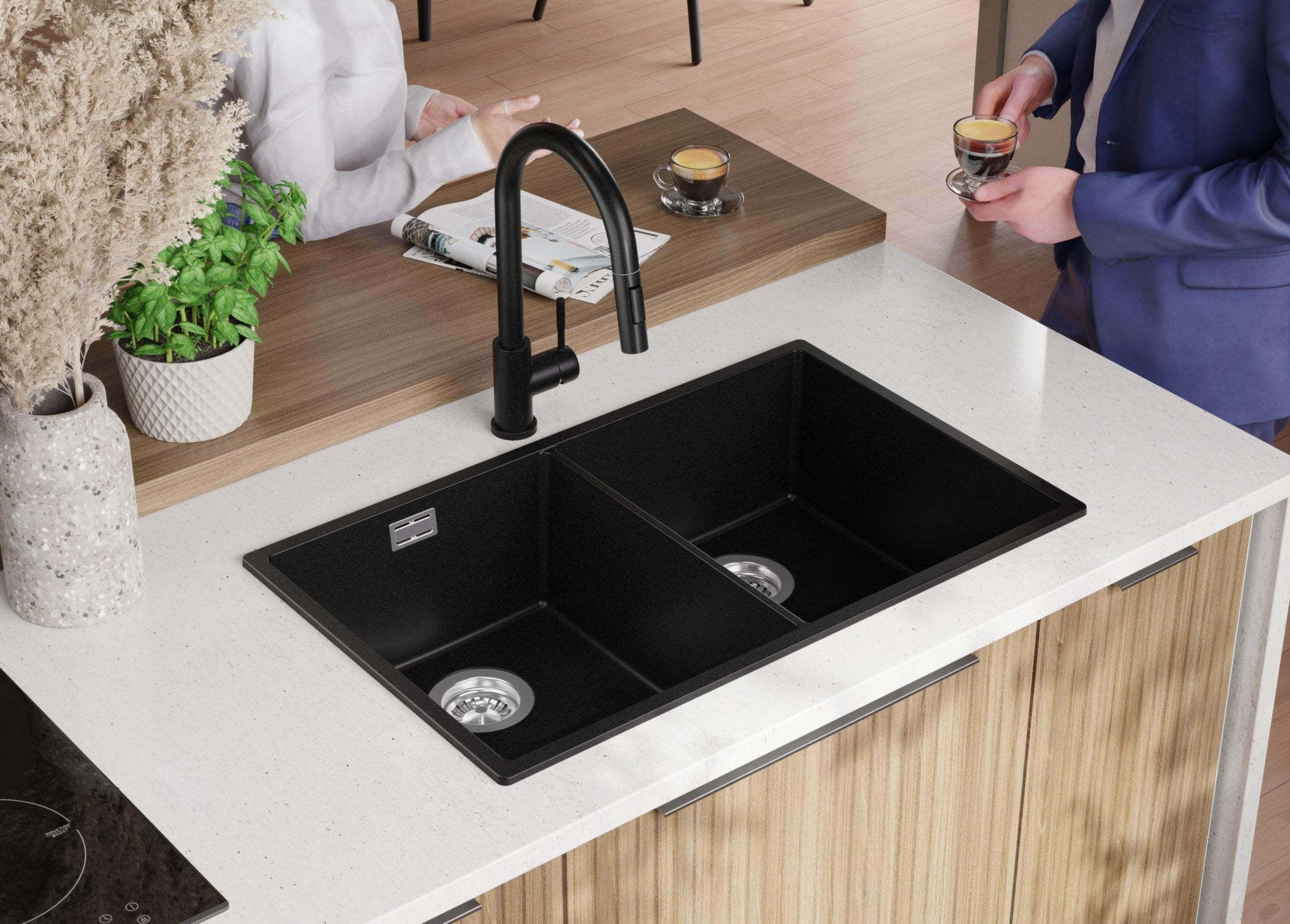 Lavandino da Cucina Nero 76x47cm, Lavello in Granito a 2 vasche + Sifone Classico + Accessori, Lavabo da Cucina Incasso al mobile 80cm PRIMAGRAN - 3