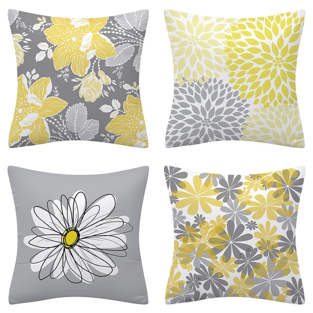 Housse de Coussin Jaune 45x45 cm, Set de 4, Motif Marguerite Jaune et Gris, Décoration Boho pour Canapé et Lit