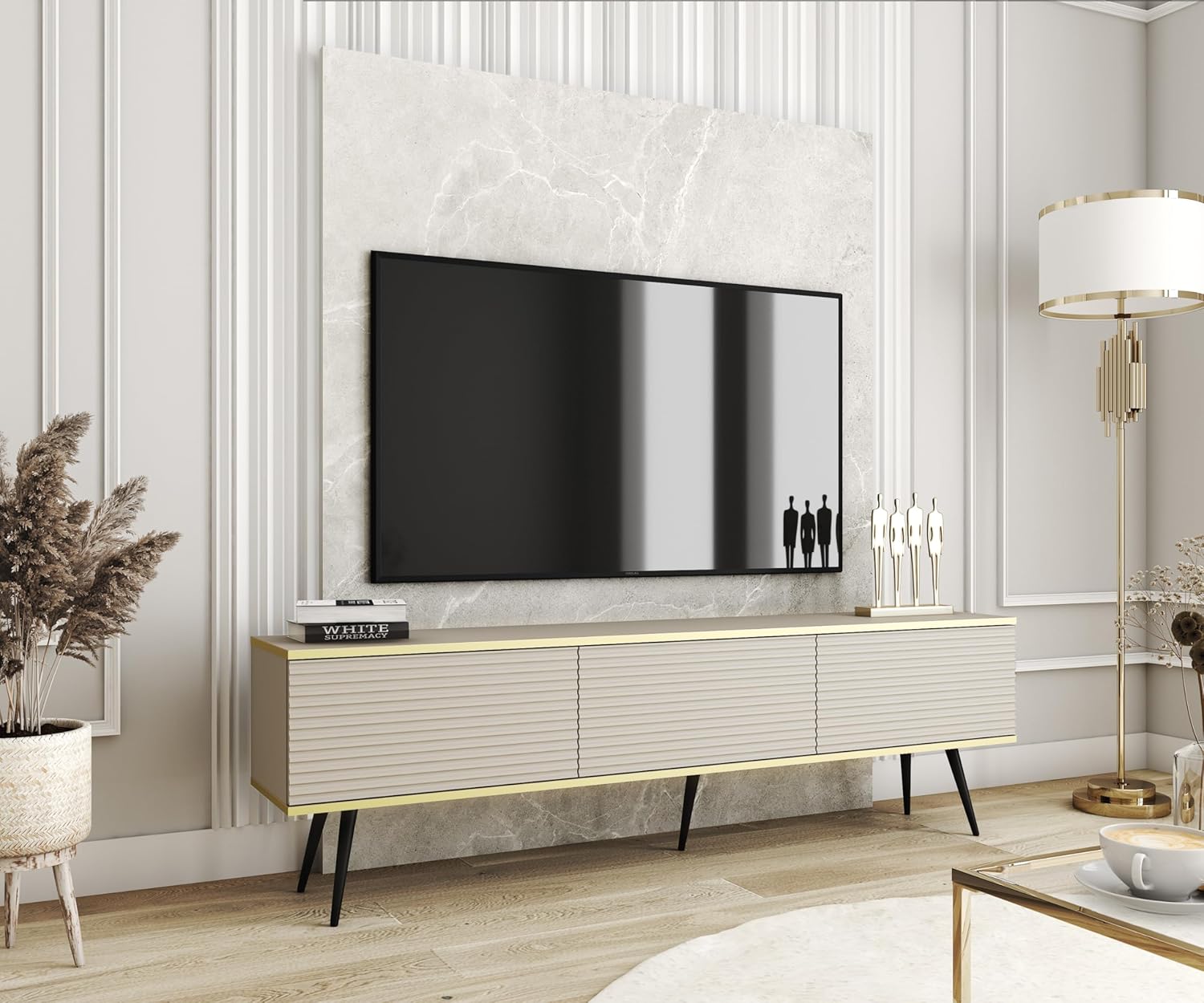 Stolik pod TV z beżowymi listwami, czarne nogi, 175 x 30 x 52 cm, otwierany na wcisk - 2