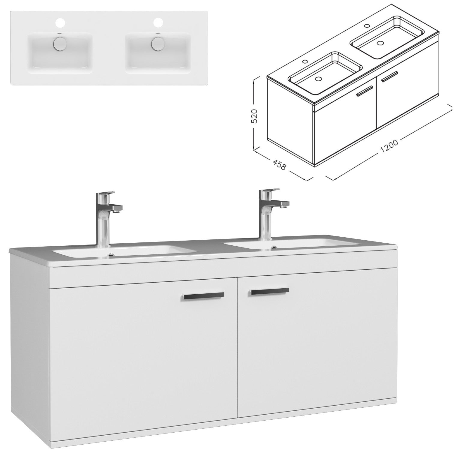 RUBITE meuble double vasque encastrée L. 120 cm 2 portes blanc salle de bain - 3