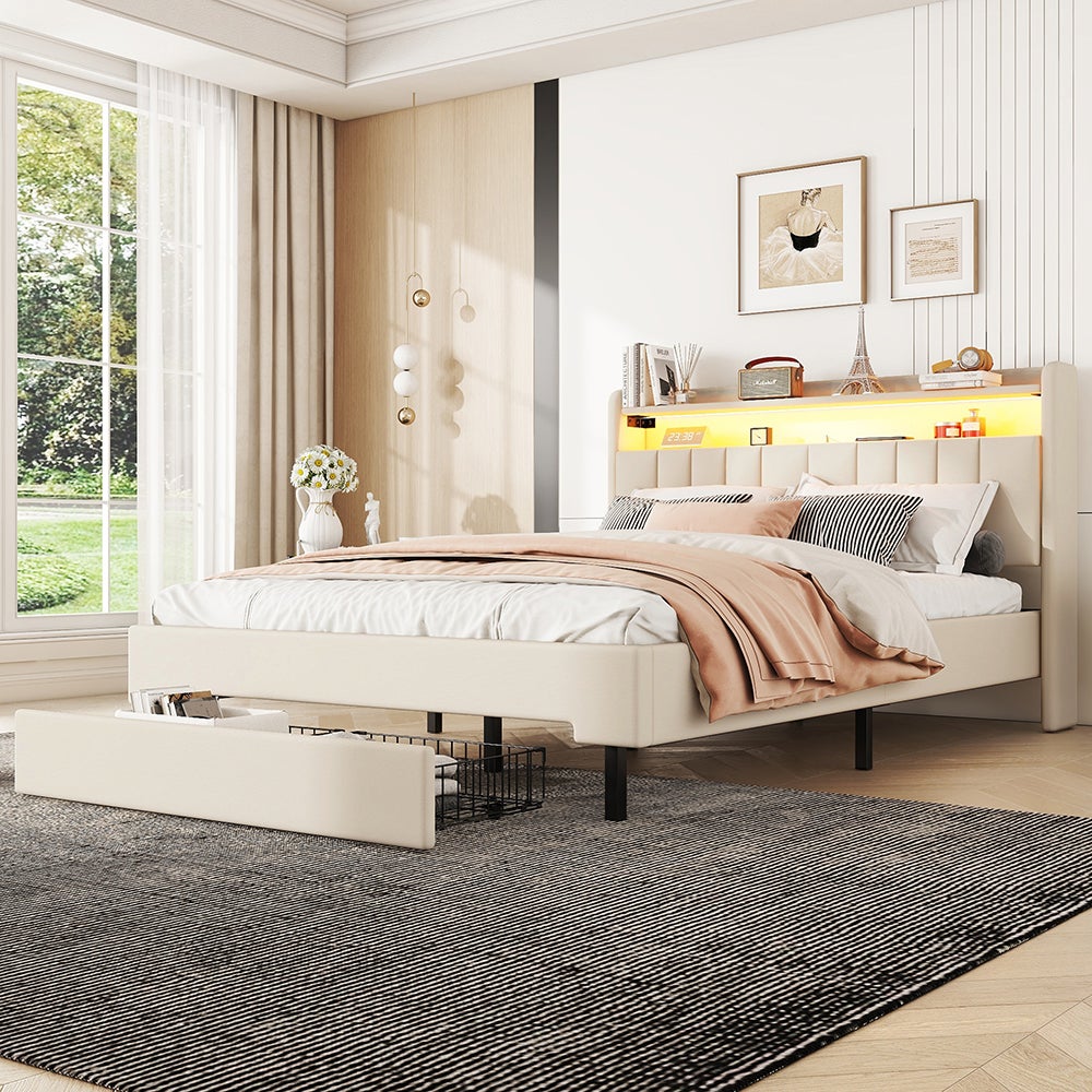 Pergar – Lit enfant 140x200 cm en velours beige – 2 tiroirs de rangement – Bandes lumineuses LED – Assemblage facile