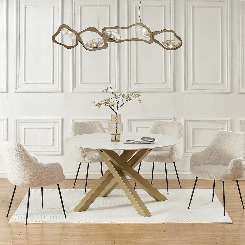 Stół do jadalni okrągły dla 4 osób z ceramiki i złotego metalu - Efekt białego marmuru - LENUMIA marki Pascal Morabito