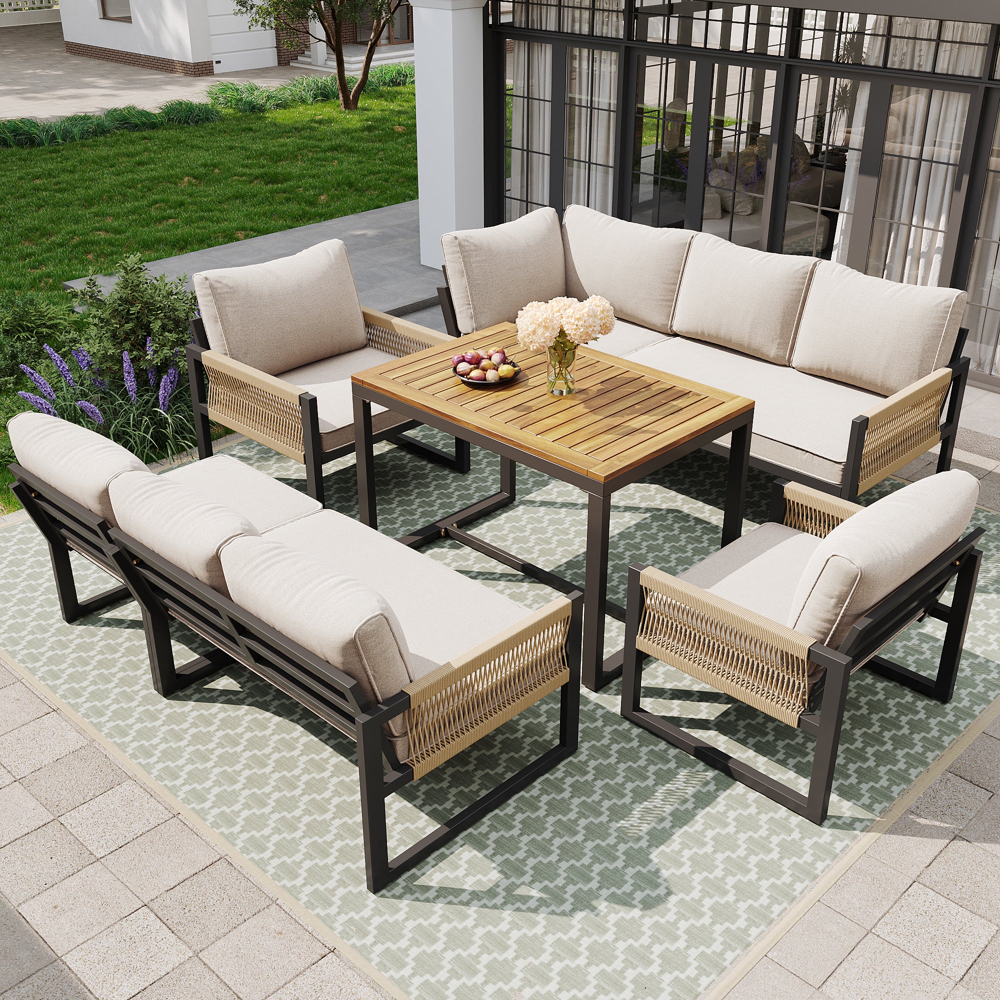 Conjunto Jardin Exterior Sofá Esquinero Para 6-8 Personas De Chapa Galvanizada, 2 Sillones + Mesa Tablero de Acacia, Muebles Terraza Balcón - Beige - 2
