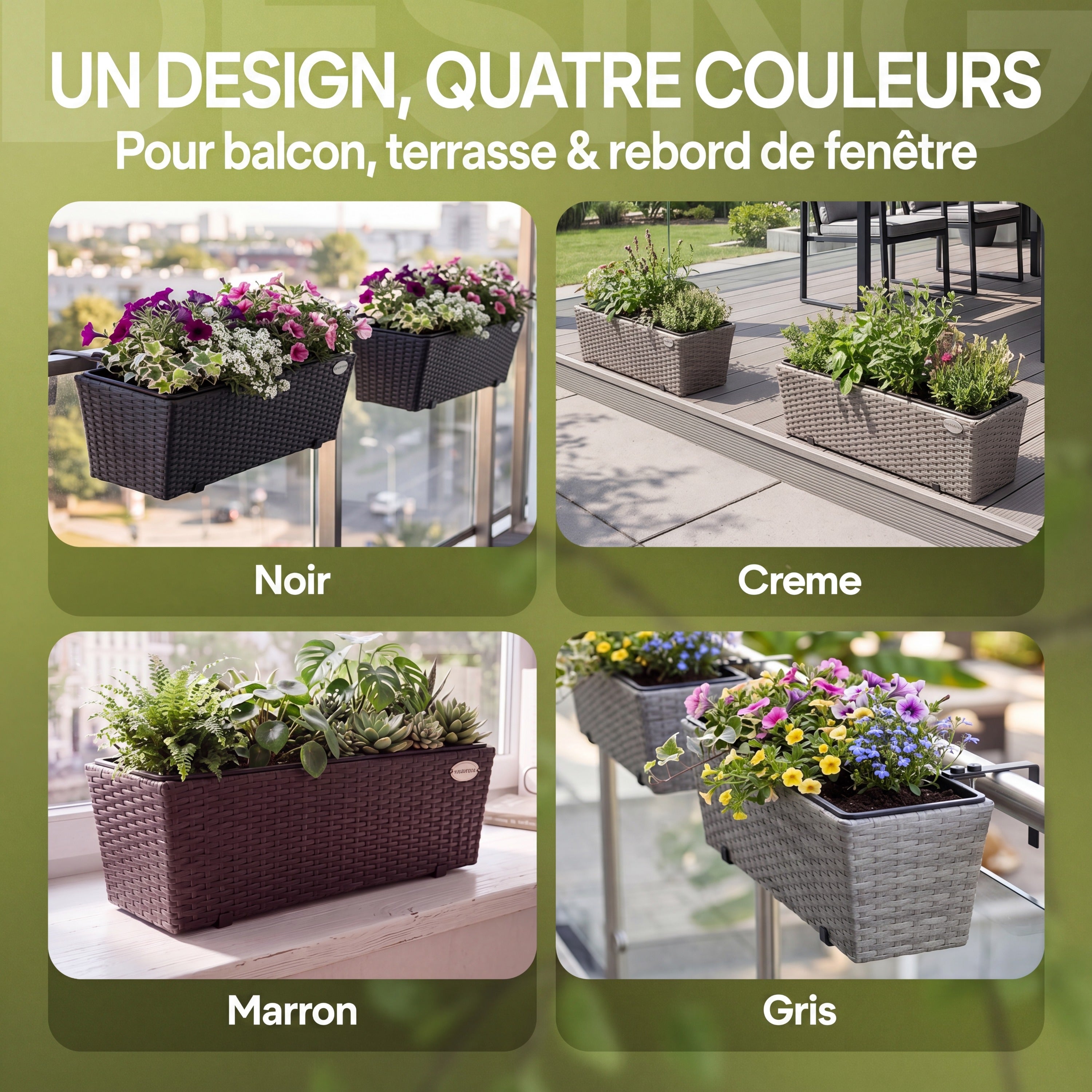CASARIA Lot de 4x Bacs à fleurs en Polyrotin Crème - Rambarde, Balconnière - 7
