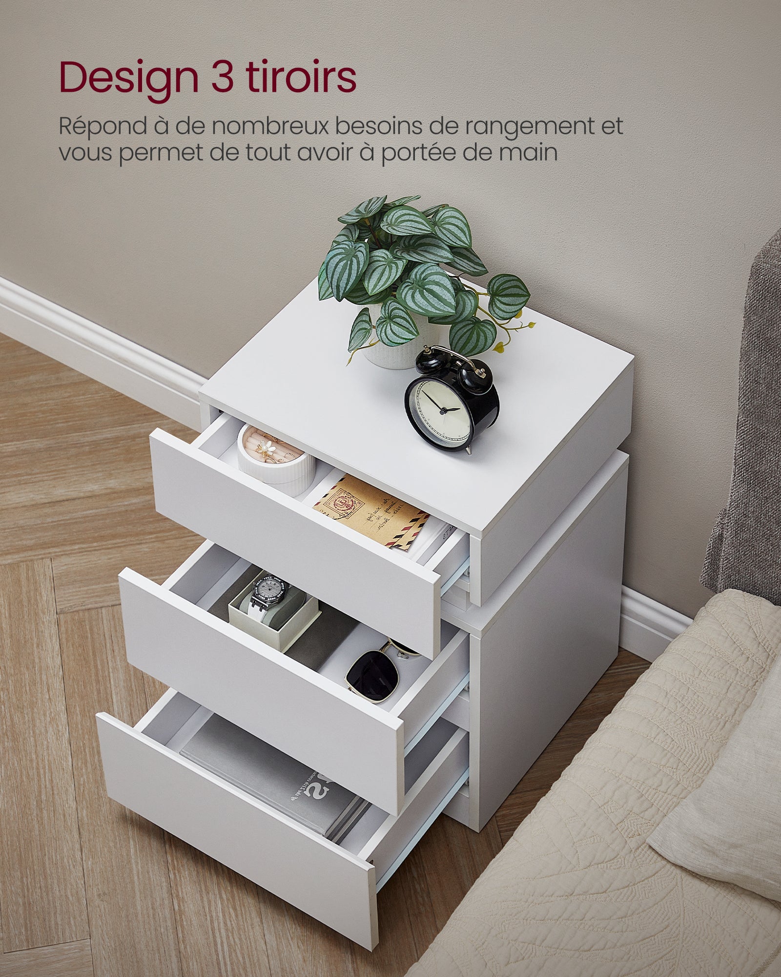 Table de Chevet, Lot de 2, avec Bande LED Multicolore Réglable, 3 Tiroirs, Table d’Appoint de Style Moderne, 35 x 40 x 55 cm, Blanc - 5