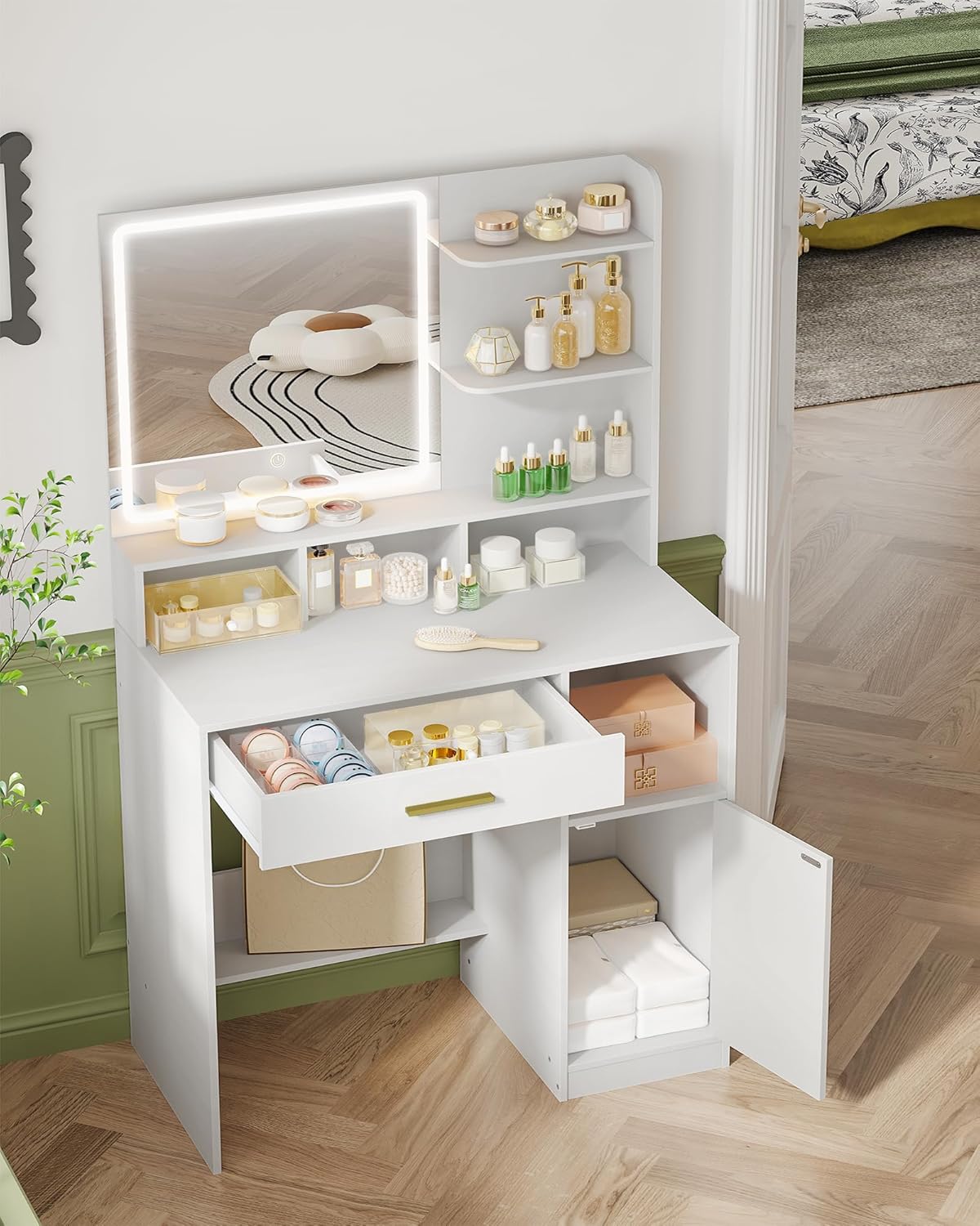 Coiffeuse avec Miroir et éClairage LED, 3 éTagèRes et 4 Compartiments Ouverts, Grands Tiroirs et Rangements, 3 Niveaux D'Intensité RéGlables, Blanc - 6