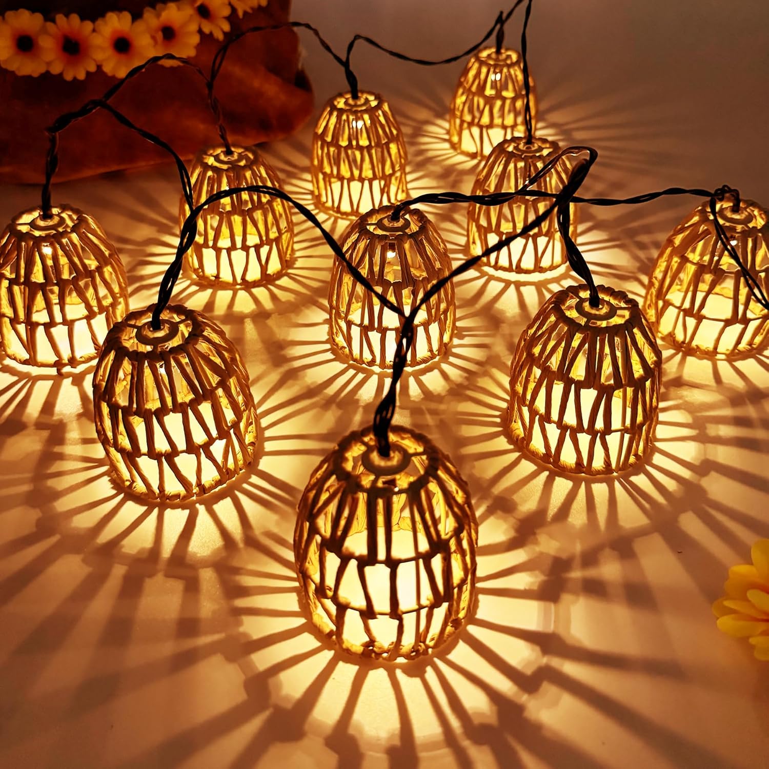 Luci solari a catena, luci solari da fata, 10 sfere solari a LED in rattan, luci da esterno a catena. - 5