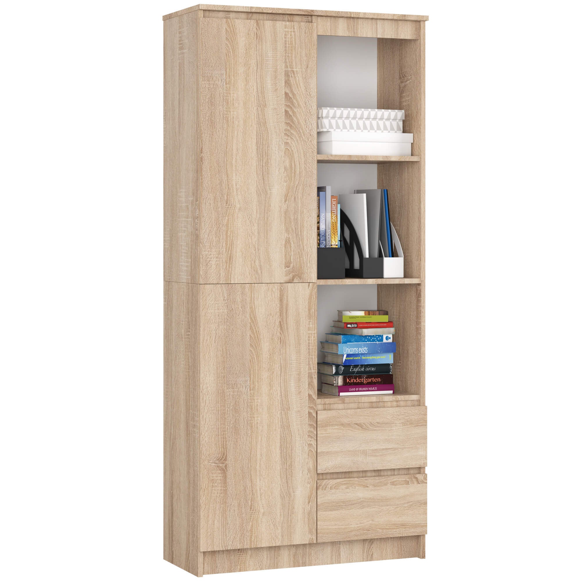 Regał AKORD R11 Dąb Sonoma 80 cm 1 drzwi 2 szuflady kolor Dąb Sonoma mat 7 półek 80x35x180 cm