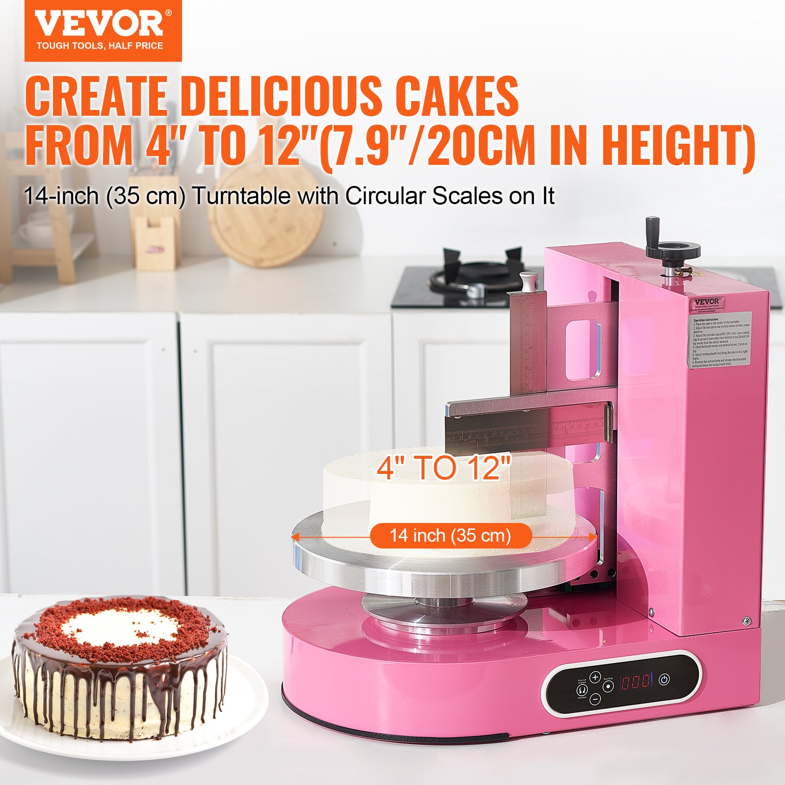 VEVOR Machine à Glacer Les Gâteaux 6-14 Pouces - Plateau Tournant Réglable Rose Avec Grattoir