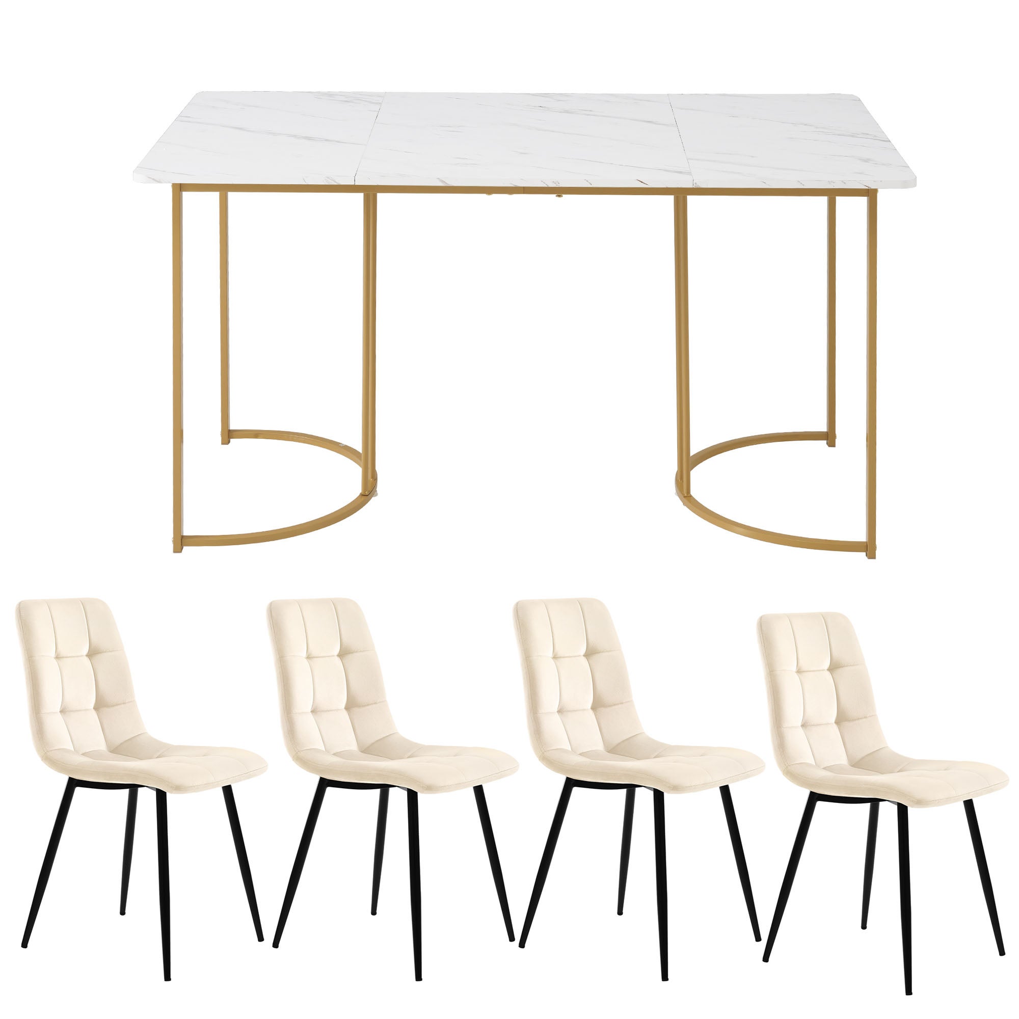 Ensemble table à manger + 4 chaises en velours -140 x 80 x 75 cm - MDF et pièds en métal doré - Blanc + beige - 5