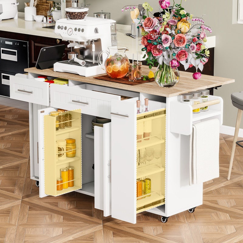 Îlot de Cuisine Mobile avec Rallonge Extensible 135 x 40-70 x 90 cm, meuble rangement mobile avec Plan de Travail, Poubelle Intégrée et Prises, Blanc - 5