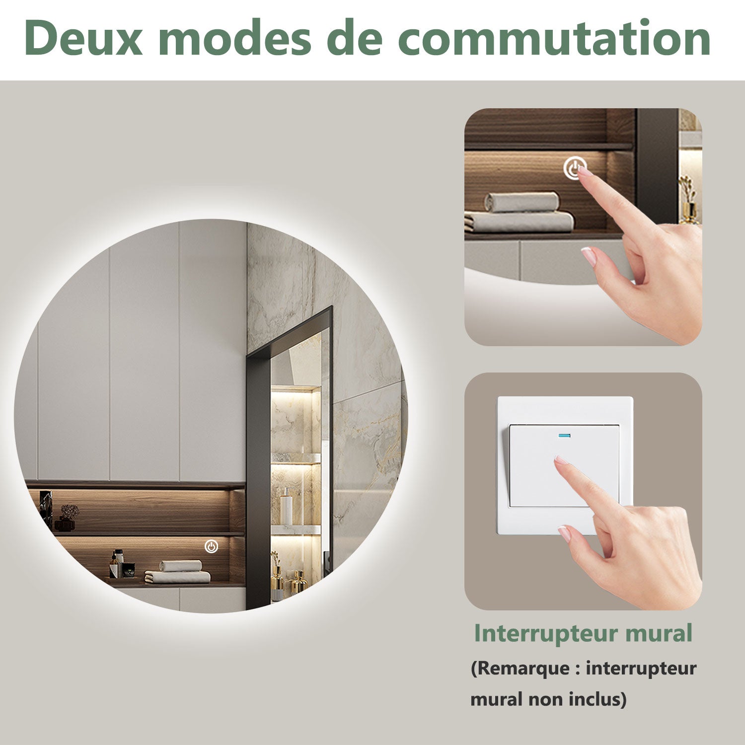 AICA Miroir lumineux rond 60 x 60cm, dimmable + anti-buée + mémoire, miroir salle de bain led - 6