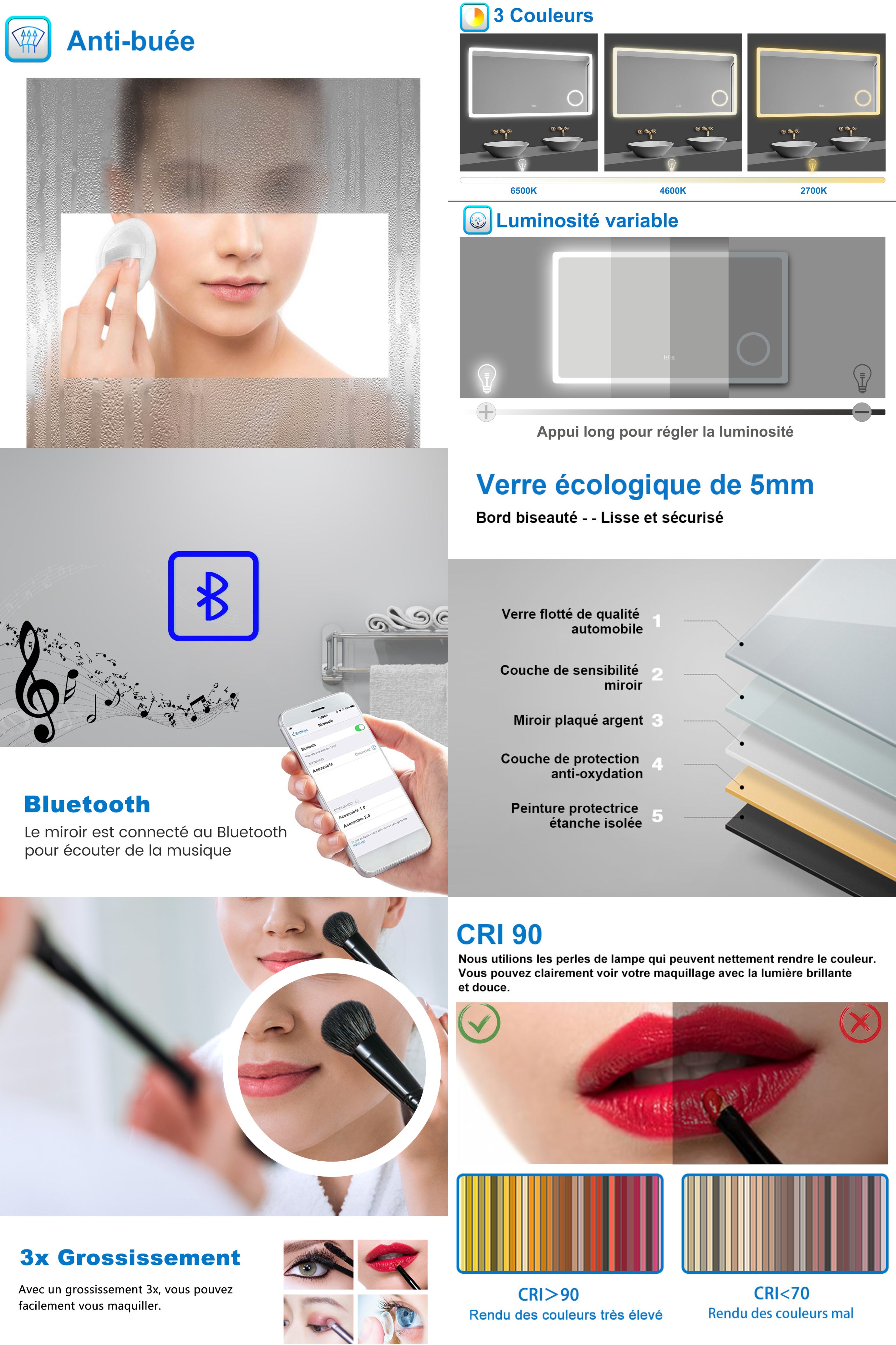 AICA Miroir lumineux loupe + bluetooth + tricolore + anti-buée 80x60cm salle de bain dimmable,mémoire,tactile,led - 3