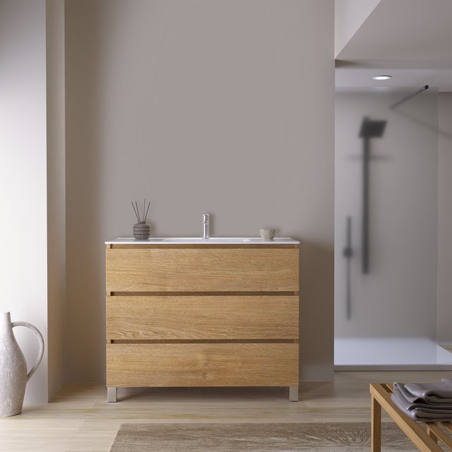 Feel Your Bath, Meuble SDB Effet Bois 100 cm + Vasque Céramique Blanc Brillant – 3 Tiroirs et Pieds, Grand Format