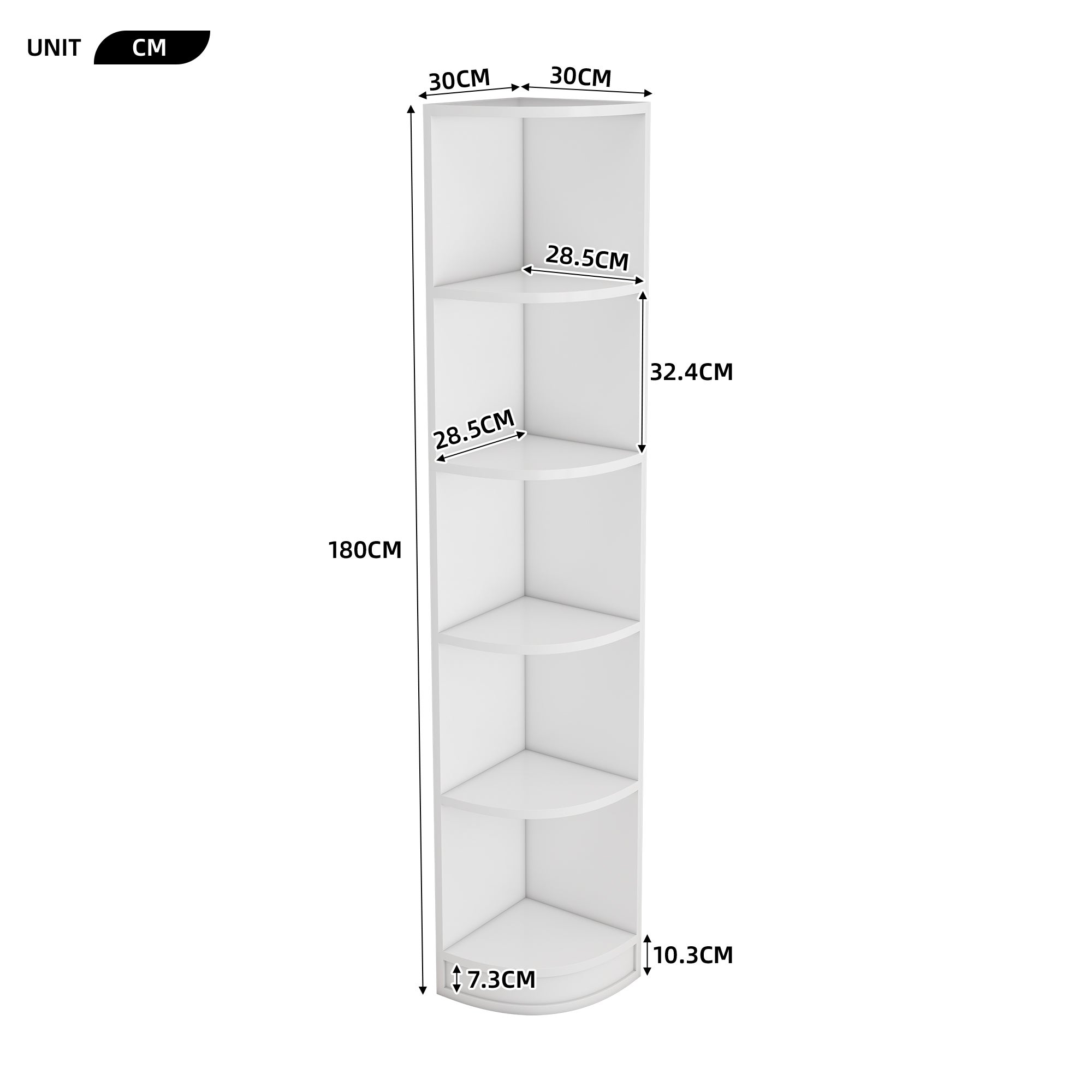 Librería de esquina con 5 estantes - 42 x 30 x 180 cm - MDF - Blanco - 5